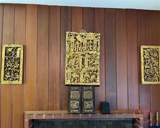 CHINESE Deeply Carved Gilt Wood Panels