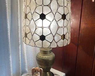 Vintage PAIR Capiz Shell Daisy Lamps with Brass Inlay