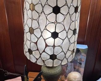 Vintage PAIR Capiz Shell Daisy Lamps with Brass Inlay