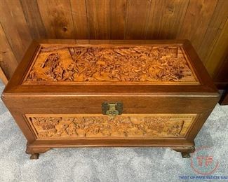 Hand Carved Chinese Teakwood and Rosewood Chest with Camphor Wood Lining (Knights In Battle Design)