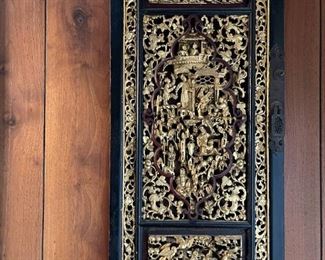 Pair 150 Years Old CHINESE Deeply Carved Gilt Wood Panel Doors 25" x 12"