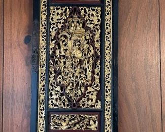 Pair 150 Years Old CHINESE Deeply Carved Gilt Wood Panel Doors 25" x 12"