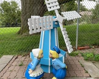 Concrete Danish Kissing Boy and Girl with Wood Windmill