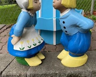 Concrete Danish Kissing Boy and Girl with Wood Windmill