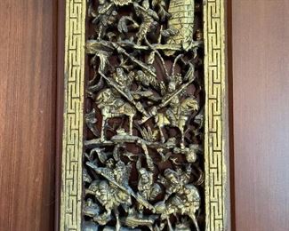 Pair CHINESE Deeply Carved Gilt Wood Panels 17 1/2" x 9"