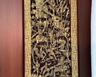 Pair CHINESE Deeply Carved Gilt Wood Panels 17 1/2" x 9"