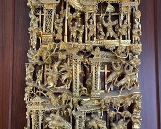 CHINESE Deeply Carved Gilt Wood Panel 26" x 16"