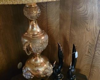 Matching Very Large Asian Inspired  Brass  Lamps