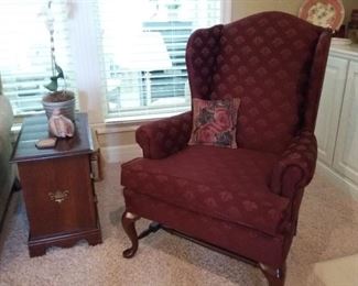 Broyhill 3 Drawer Chest, Pair Wine-Color Wing Back Chairs