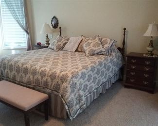 Bed Room Suite Furniture-King Bed, Pair 4 Drawer Night Stand Chests, Dresser with Mirror, Gentleman's Wardrobe Tall Chest