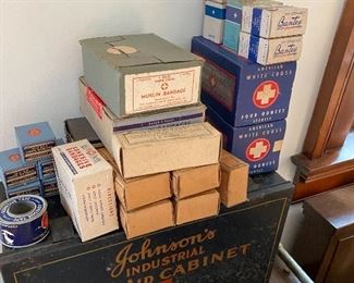 Vintage Johnson's industrial First Aid Cabinet; filled