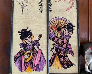 Vintage Needlepoint Japanese Geishas