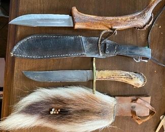 Hunting knives antler handles; sheaths