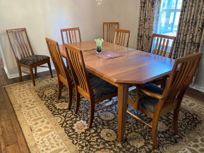 Gorgeous teak dining room set with 10 chairs.  Made by Berlin Wood Working Co. in Millersburg OH.