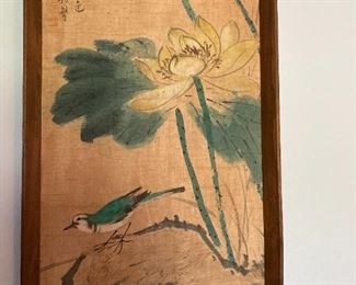 Antique oriental, painted on silk, mounted on wood