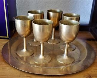Vintage brass stemmed goblets and tray