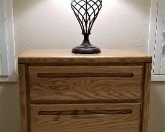 Tall oak dresser and metal lamp. Matching pair of lamps available