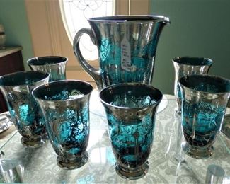Venetian Glass Silver Overlay Pitcher & 6 Tumblers 