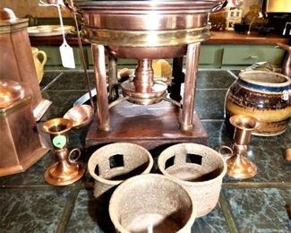 Copper Chafing Dish, candleholders, etc