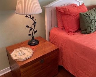 side table chest(21" x 24" x 20") with small water stain on top; metal lamp (2 available); Twin white headboard (42" tall) 