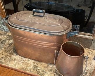 Copper basin(13" 28" x 13"); copper handled pot 