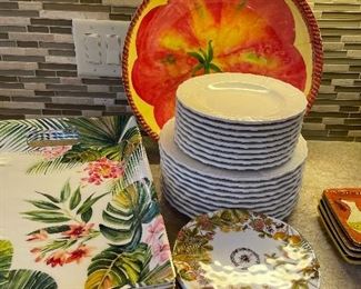 Melamine ivory plates set, floral set;  serving dish and trays 