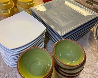Sur la Table small ceramic bowl set; white plates; Williams-Sonoma gray plates 