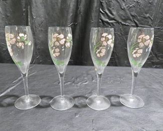 Set of Four Beautiful Perrier Jouet Hand Painted Champagne Glasses
