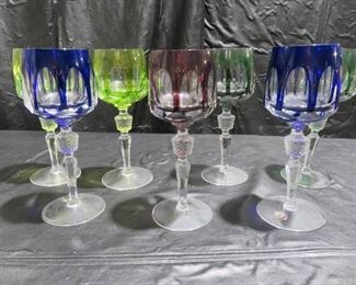 Seven Gorgeous Antique Crystal Colored Wine Glasses Roemers Nachtmann