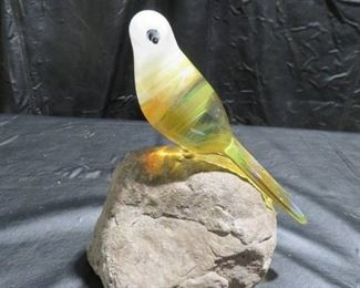 Signed 2005 Glass Sculpture of Bird on Rock