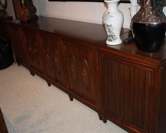 custom-made stereo cabinet; large Pioneer speakers on each end; components inside center cabinets with lift-up tops; could easily be converted to storage cabinets