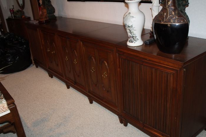 custom-made stereo cabinet; large Pioneer speakers on each end; components inside center cabinets with lift-up tops; could easily be converted to storage cabinets