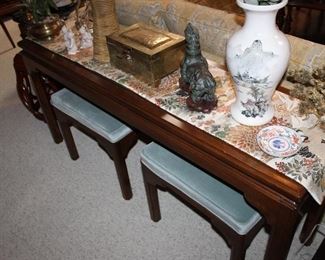 Ethan Allen console table; pair blue velvet stools