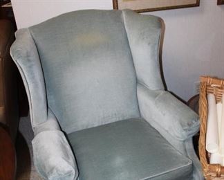 one of a pair of blue velvet Ethan Allen wing chairs