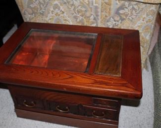 Japanese hibachi, for preparing tea and storage for tea-making supplies. May be used as a display table