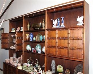 custom-made display unit, shelves over cabinets. Breaks down for easy transport, three upper pieces, three lower cabinets, and a base