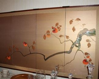 Japanese Byobu. Four panel wall screen painting on wood, paper and silk. 36" X 65". Black lacquer frame with brass corners
