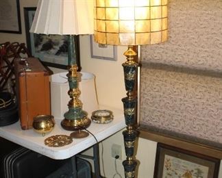 marble and brass floor lamp, oyster shell shade