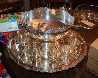 silver on nickel punch bowl, tray, ladle, and 20 cups