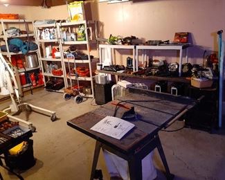 Craftsman 10" table saw, Poulan micro 14” chainsaw, Remington 14” electric chainsaw, Amash bench grinder, Rockwell router, circular saws, Makita 8” miter saw, B&D Versapak drills, drivers, jig saws, compressor, paint sprayer, bolt cutters, bench vise
