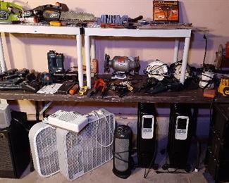 Poulan micro 14” chainsaw, Remington 14” electric chainsaw, Craftsman 10” table saw, Amash bench grinder, Rockwell router, circular saws, Makita 8” miter saw, B&D Versapak drills, drivers, jig saws, compressor, paint sprayer, bolt cutters, bench vise, space heaters, fans