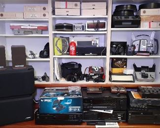 ELECTRONICS: Bose 301 series IVspeakers, GEM DSK7 keyboard with cartridges, 
Realistic 4channel mixer, Denon DTR2000 DAT player, Pioneer SX-210 stereo, Panasonic AG1950 vcr, Fisher DAC-503 cd changer, Vibe USB turntable, Koss M-60 plus speakers, Soundfreaq speaker ipad doc, Bluetooth headphonesNikon Coolpix P900, Kodak Medalist 2 slide carousel, Bolex18-5 8mm reel, Bell Howell reel
