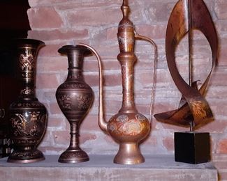 large brass lamp, brass vases