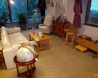 leather couch, globe, stools, mid century modern