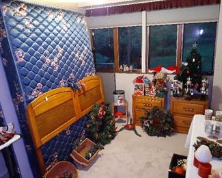 queen bed, dresser, nut crackers, Christmas