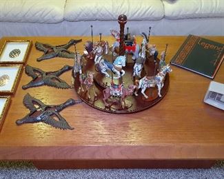 carousel art, metal ducks, vintage clock