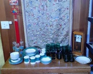 bar cabinet, Asian drape, Bulova clock