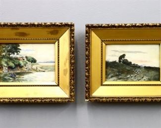 Lot 5: M. E. Berry, British, 19th/20th century.  Two late 19th to early 20th century watercolor on paper landscapes.  One depicts figures in a small rowboat, the other with sheep along a country lane.  The former monogrammed "MEB" lower right and labeled "Cramond Ferry" verso, the latter labeled "Evening, Garrington, M. E. Berry, 16 Piccadilly Place, Edinburgh" verso.  Minor toning.  Image 7 x 5" high, framed 12 x 10" high overall.  ESTIMATE $400-600