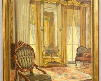 Lot 7: Marie Elsa Blanke, American, 1882-1961.  An early 20th century oil on canvas genre scene, titled "Victorian Parlor".  Depicts a grand parlor with Gilded mirror and valance with Victorian Period furnishings.  Signed "Marie Blanke" lower right, paper label verso from "Chicago Galleries Association".  Some surface grunge and minor craquelure.  Image 29 1/2 x 33 3/4" high, in a turn of the century Gilded frame, 35 1/4 x 39 1/4" high overall.  ESTIMATE $1,000-1,500