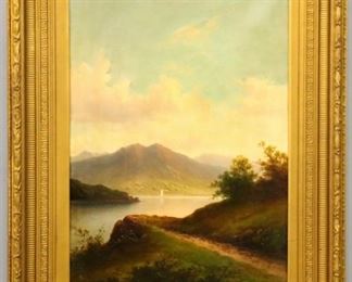 Lot 26: Victor Rolyat, British, b. 1800.  A 19th century oil on canvas landscape.  Depicts a Highland Scottish loch with small sailboat and mountains in the distance.  Signed "V. Rolyat" lower right.  Some areas of craquelure and surface grunge, small repair with in-painting center right.  Image 19 1/4 x 29 1/4" high, in a 19th century Gesso frame with artist plaque and some wear, 30 x 40 1/2" high overall.  ESTIMATE $600-800